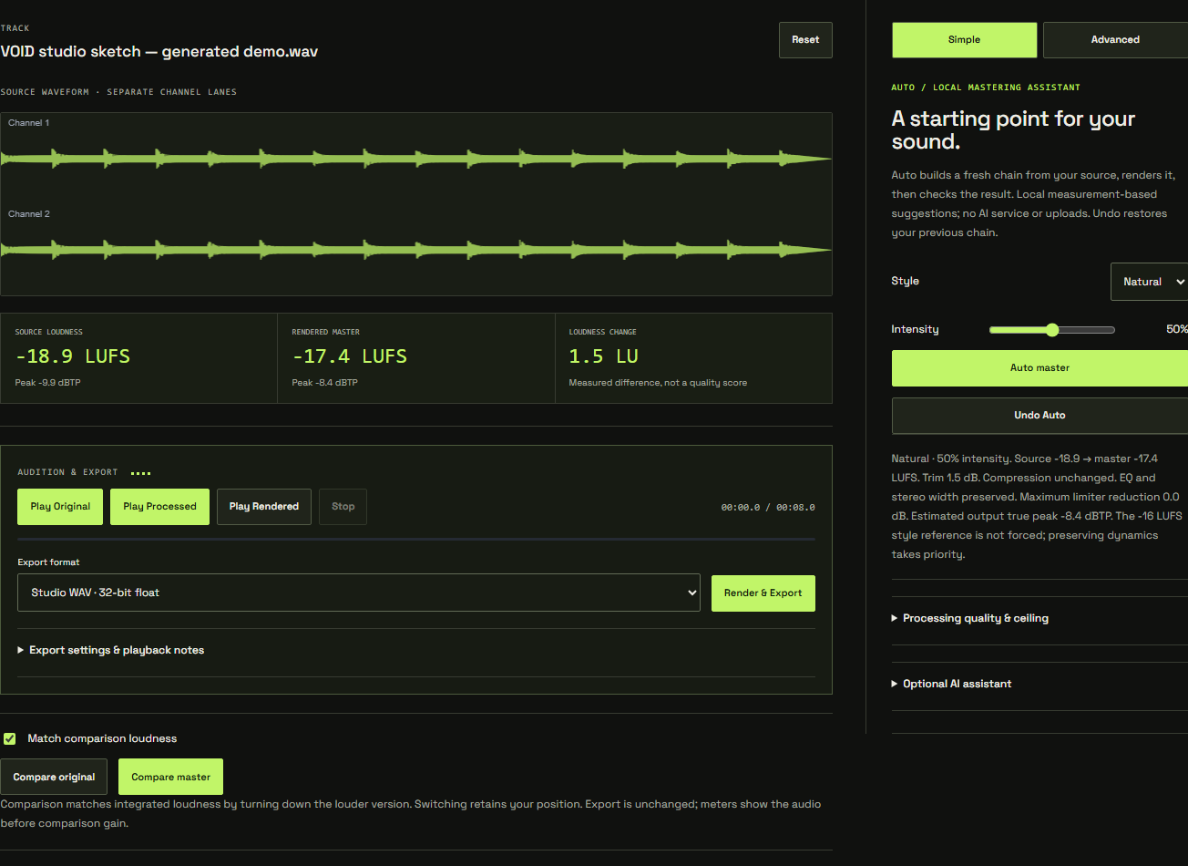 VOID Studio interface with a source waveform, loudness measurements, transport and processing inspector