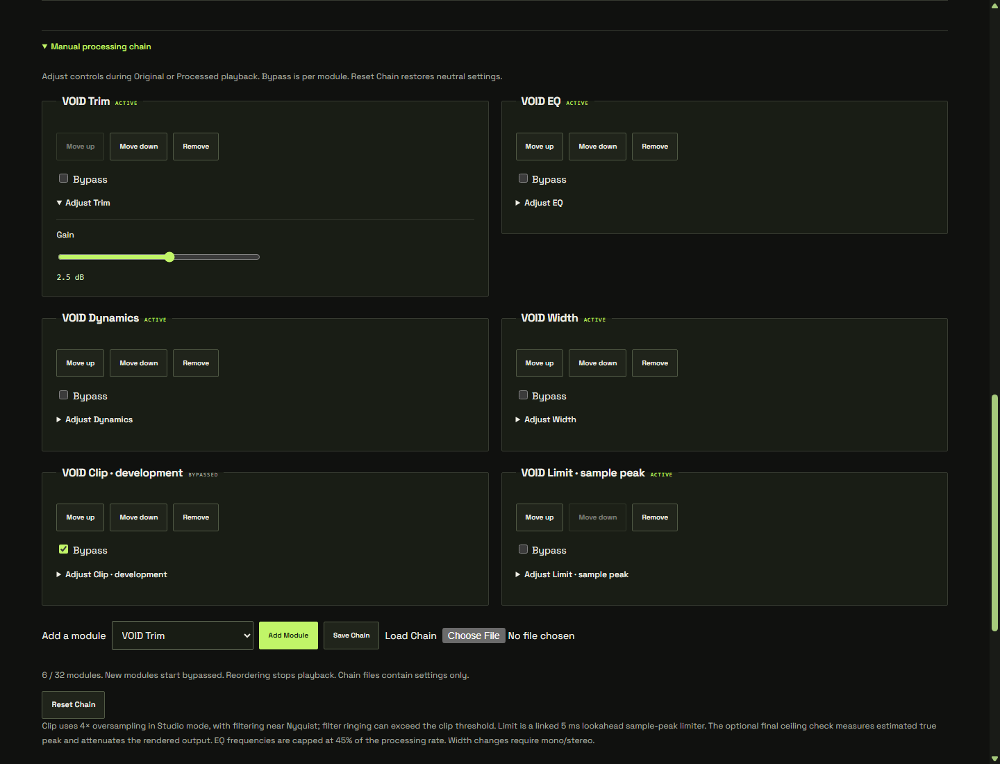 VOID Advanced view showing editable Trim, EQ, Dynamics, Width, Clip and Limit modules.