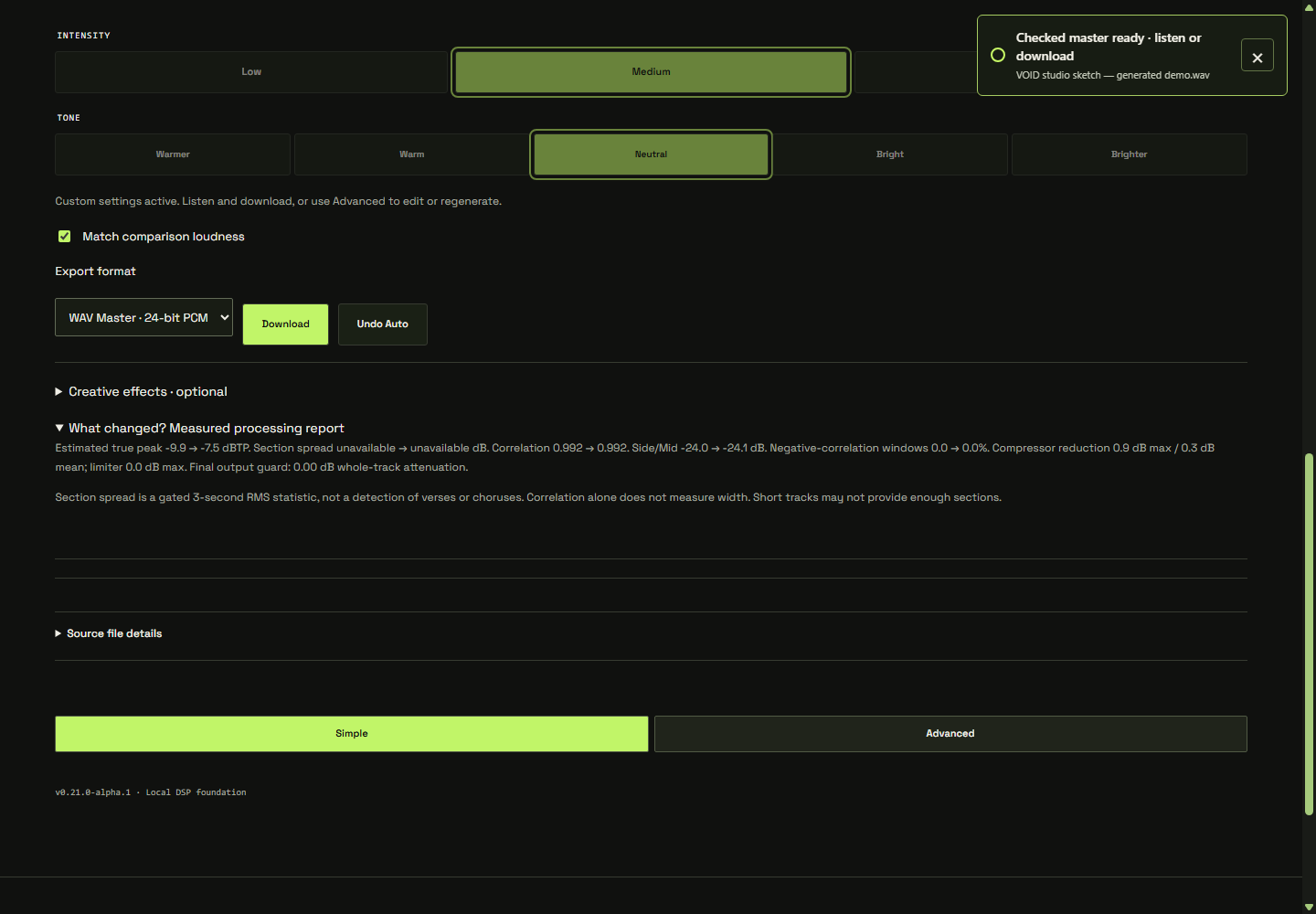 VOID export selector, Download button and expanded measured processing report.